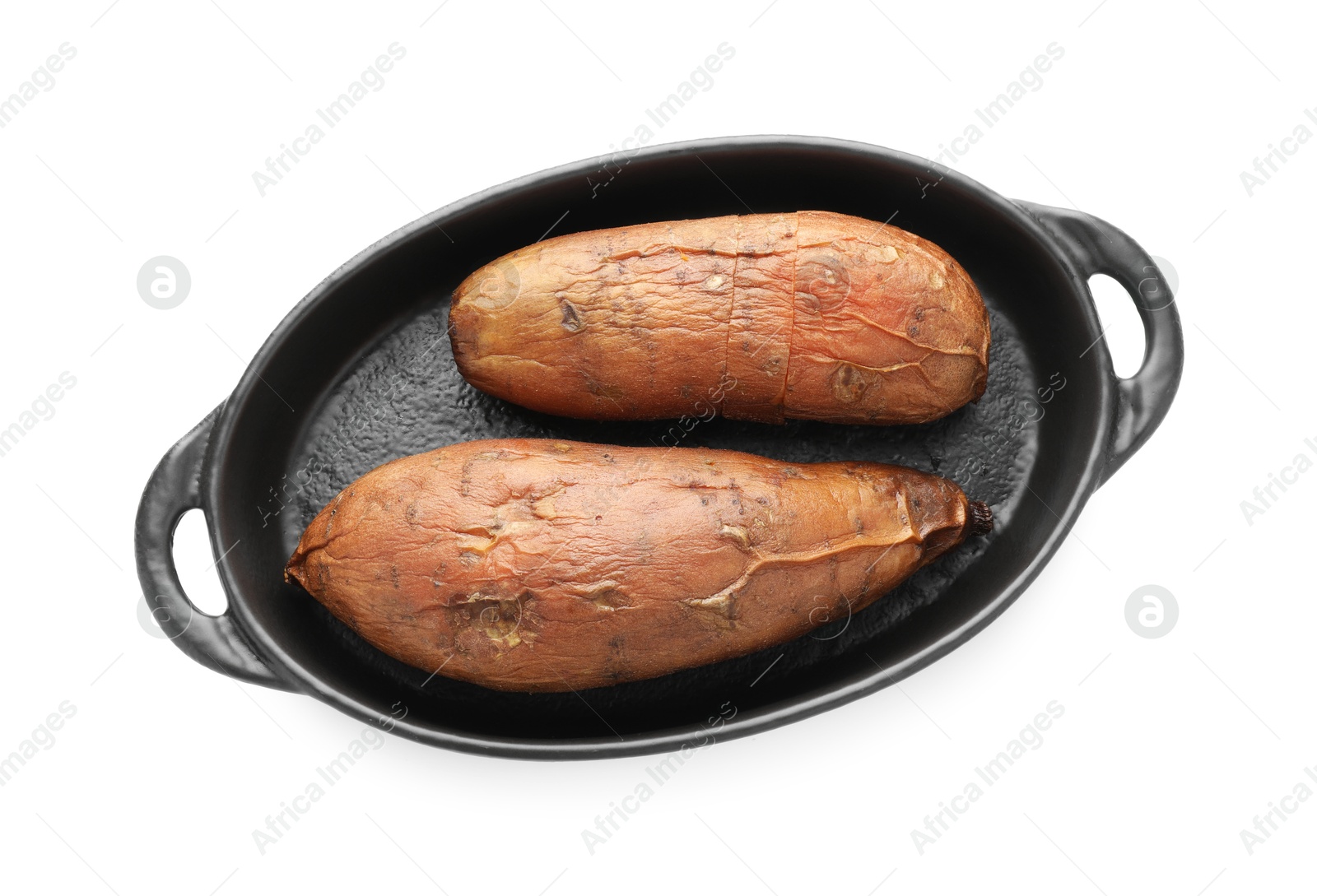 Photo of Tasty cooked sweet potatoes isolated on white, top view