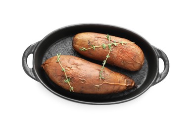 Photo of Tasty cooked sweet potatoes and thyme isolated on white, top view