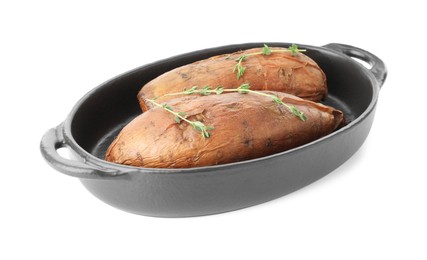 Photo of Tasty cooked sweet potatoes and thyme isolated on white