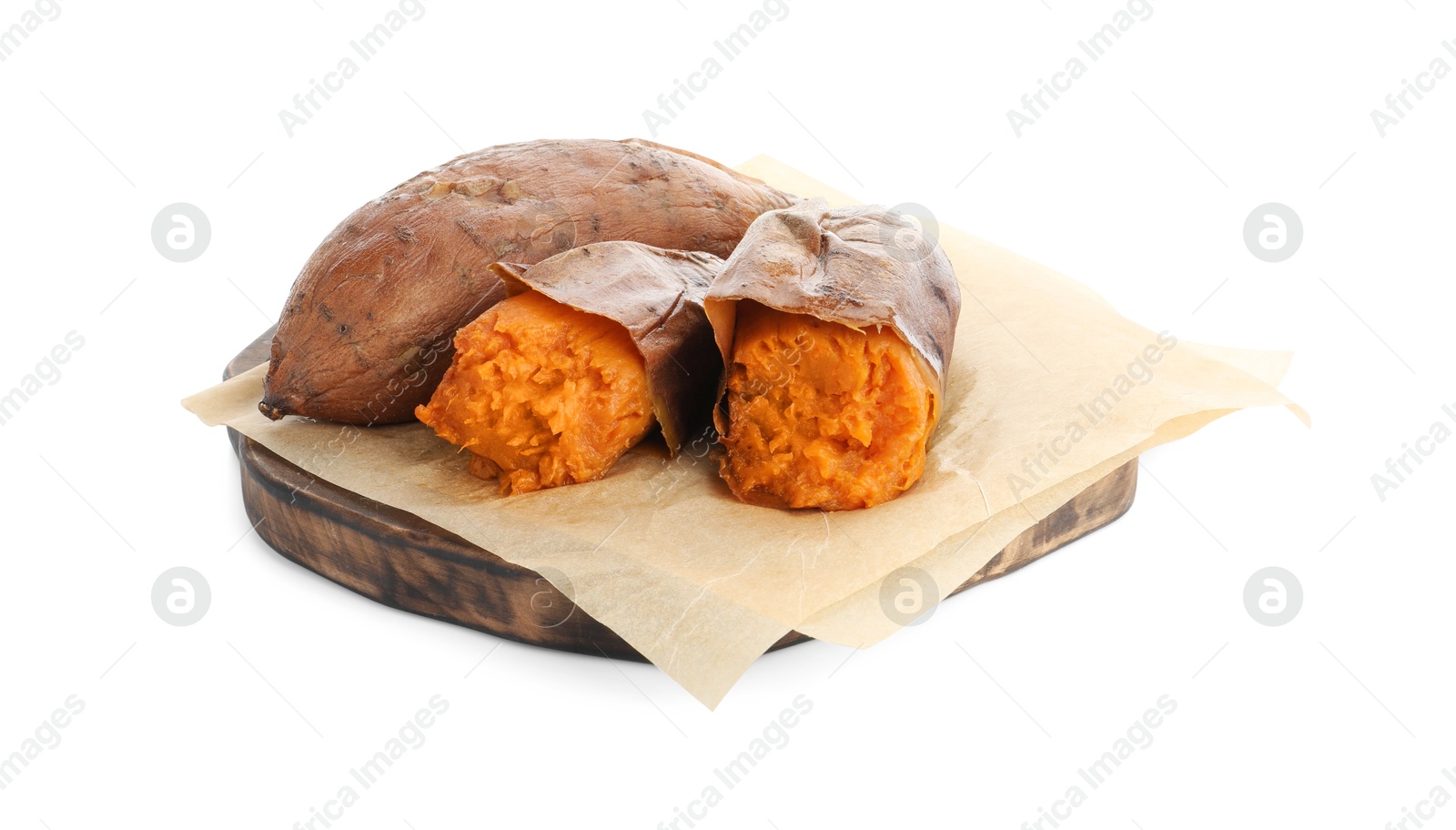 Photo of Tasty cooked sweet potatoes and wooden board isolated on white