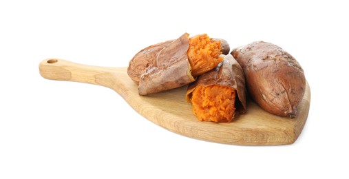 Photo of Tasty cooked sweet potatoes and wooden board isolated on white