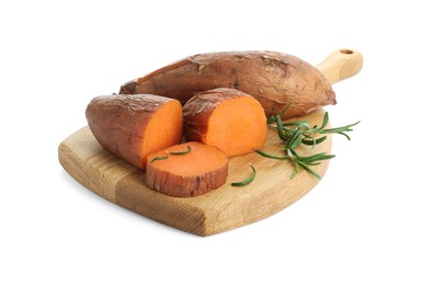 Photo of Tasty cooked sweet potatoes, rosemary and wooden board isolated on white