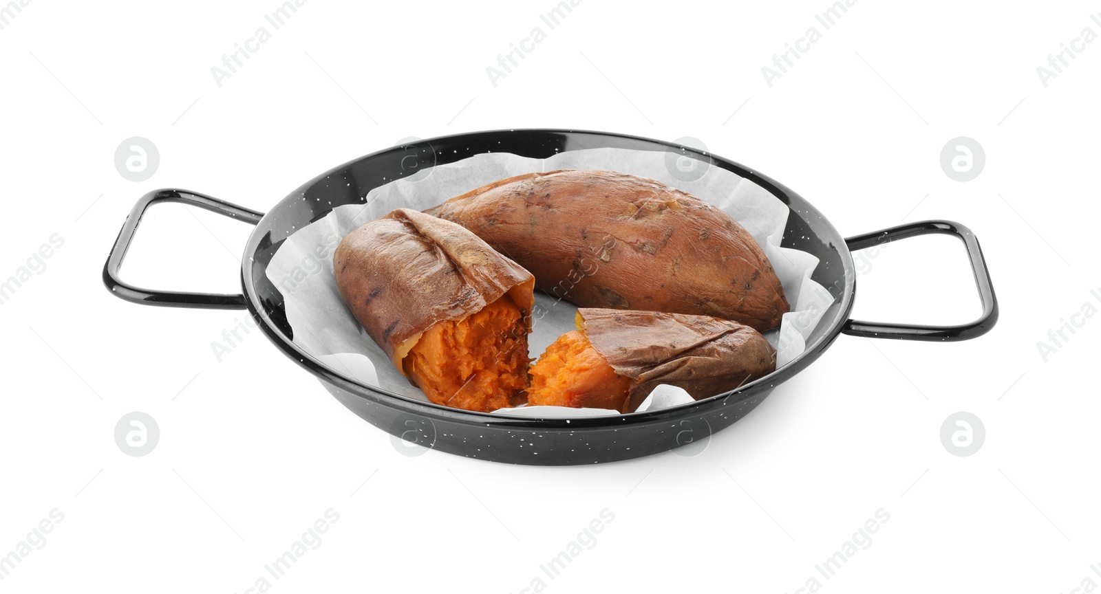 Photo of Tasty cooked sweet potatoes isolated on white