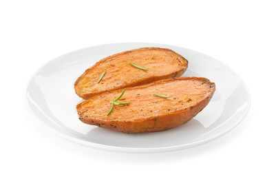 Photo of Halves of tasty cooked sweet potato with rosemary isolated on white