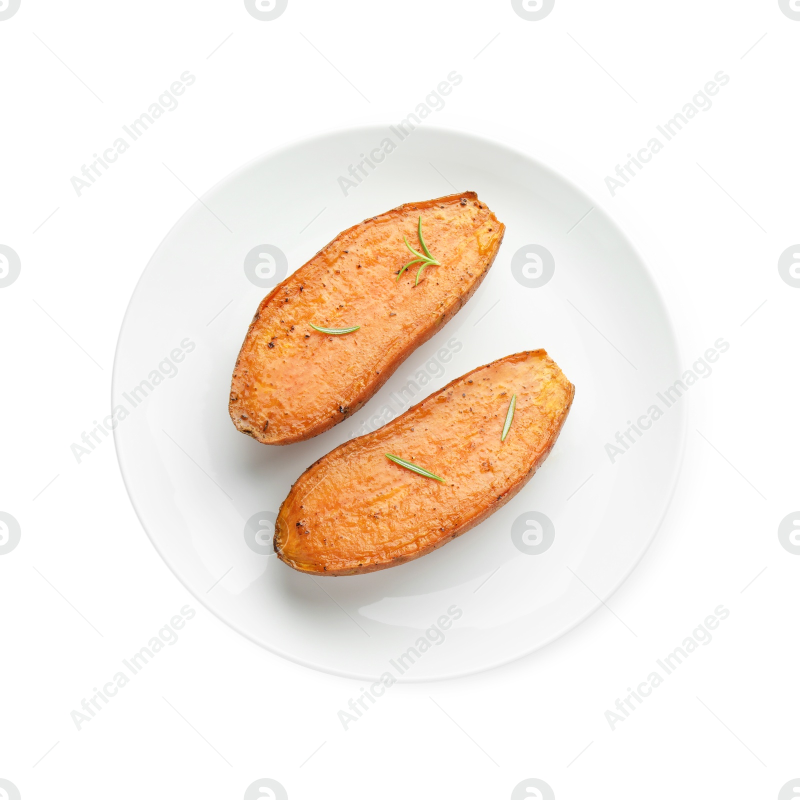 Photo of Halves of tasty cooked sweet potato with rosemary isolated on white, top view