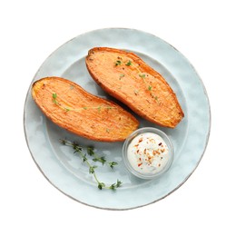 Photo of Halves of tasty cooked sweet potato with thyme and sauce isolated on white, top view