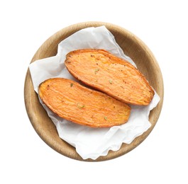 Photo of Halves of tasty cooked sweet potato isolated on white, top view