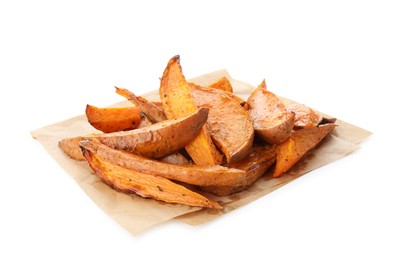 Photo of Tasty cooked sweet potatoes isolated on white