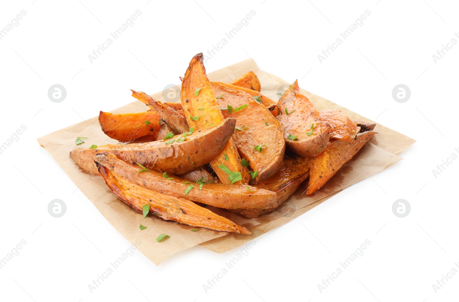 Photo of Tasty cooked sweet potatoes with parsley isolated on white