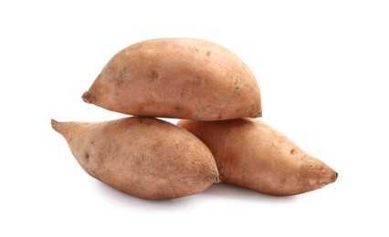 Photo of Fresh raw sweet potatoes isolated on white