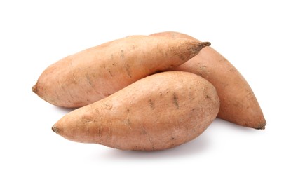 Photo of Fresh raw sweet potatoes isolated on white