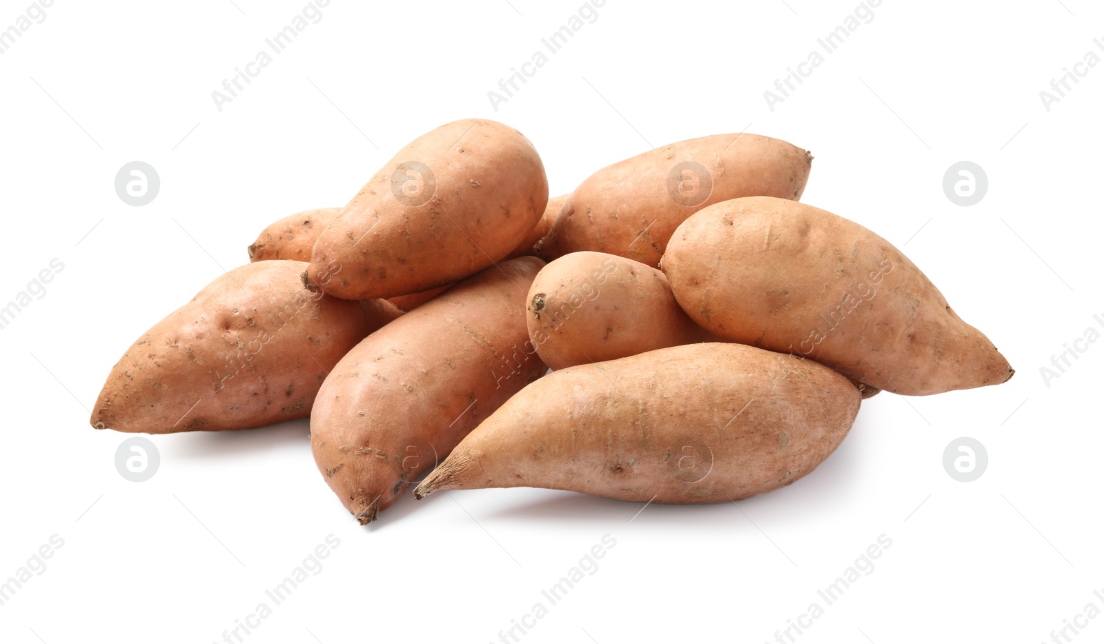 Photo of Fresh raw sweet potatoes isolated on white