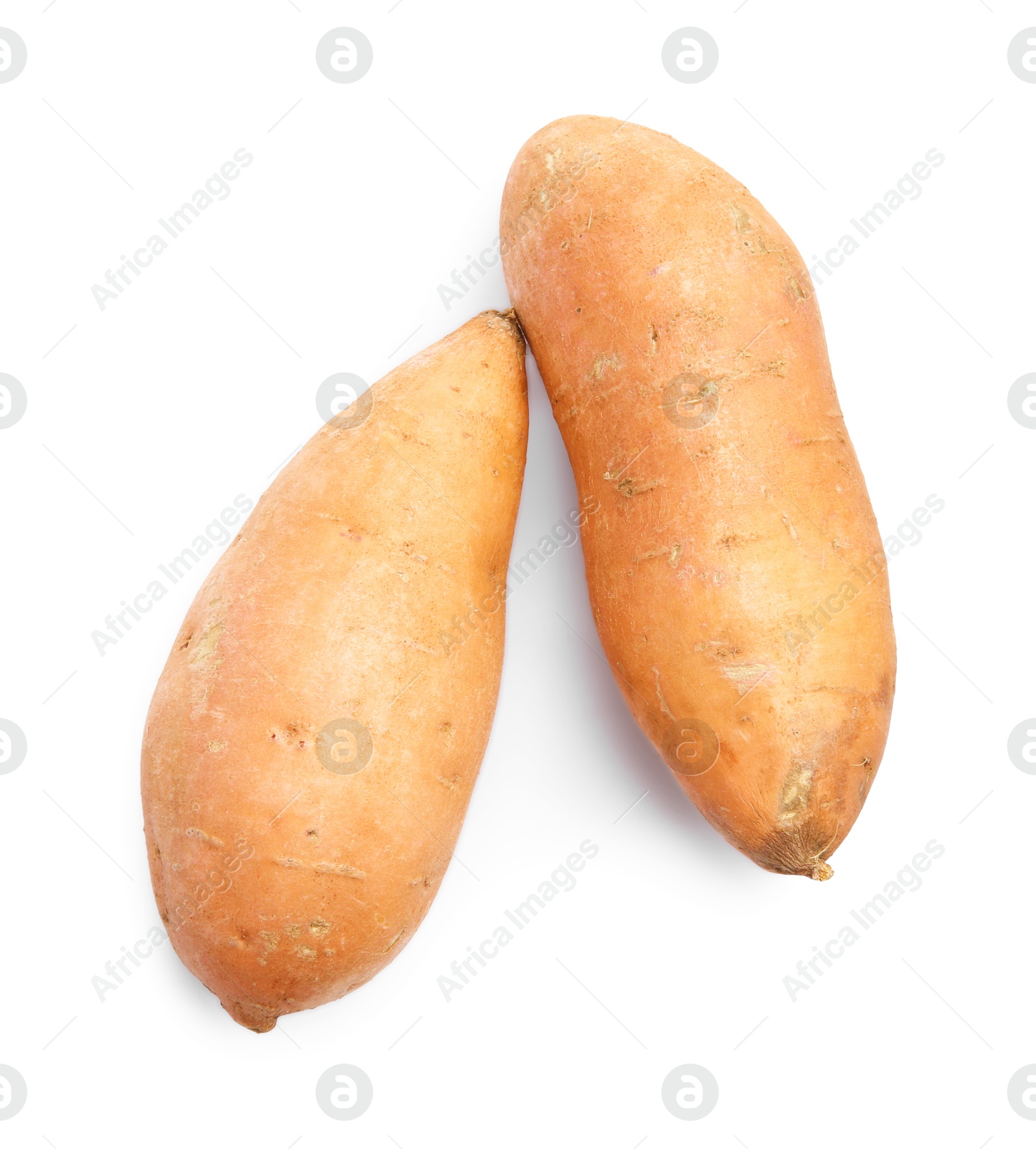 Photo of Fresh raw sweet potatoes isolated on white, top view