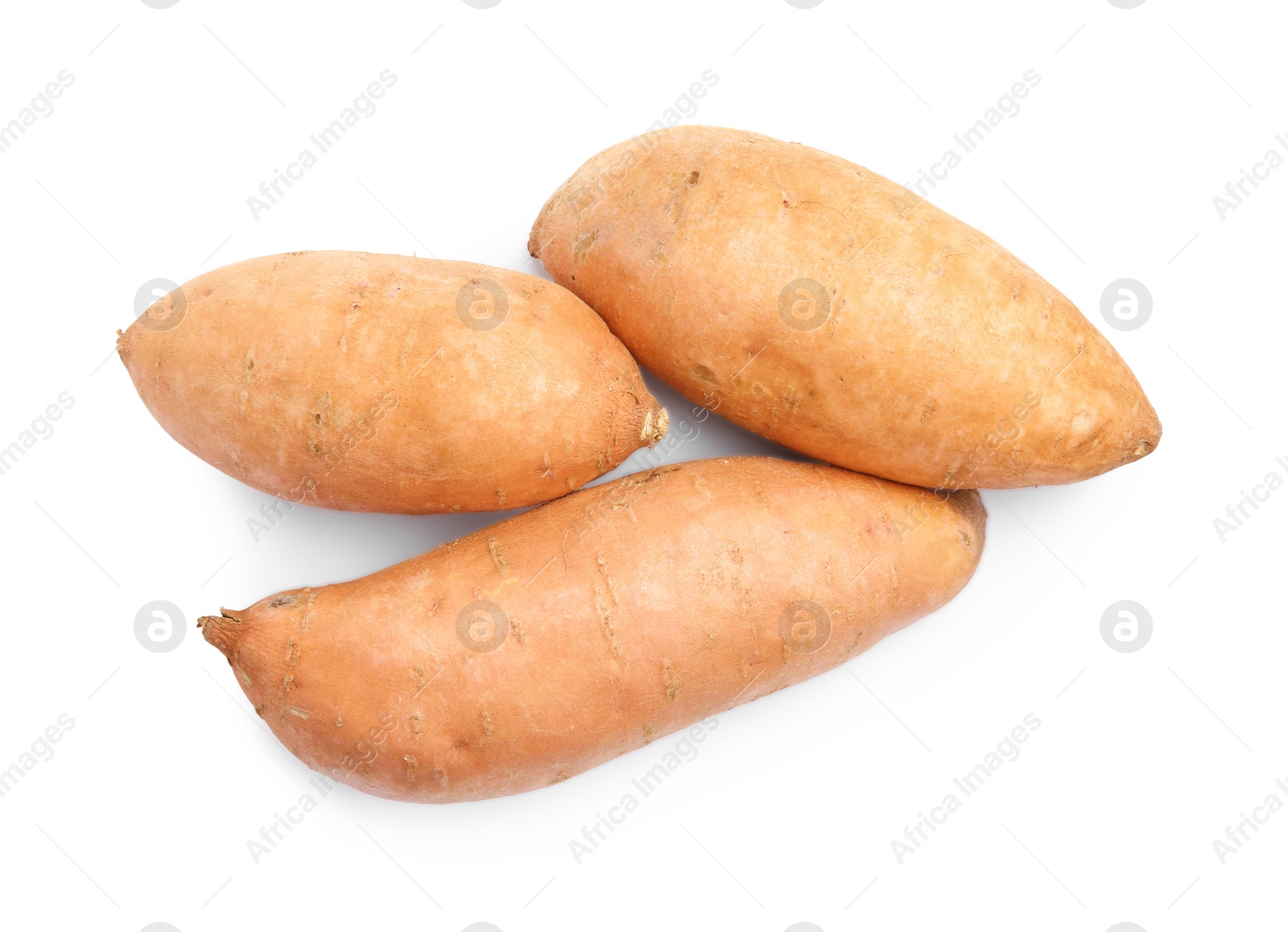 Photo of Fresh raw sweet potatoes isolated on white, top view