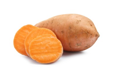 Photo of Fresh raw sweet potatoes isolated on white