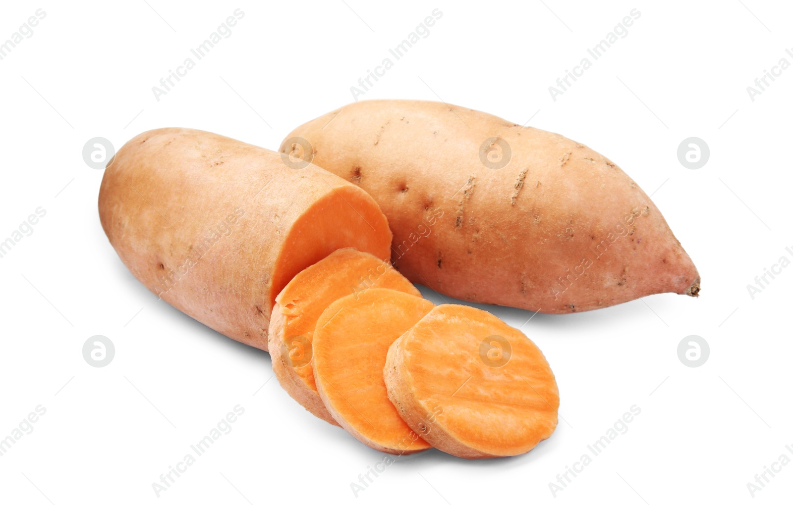 Photo of Fresh raw sweet potatoes isolated on white