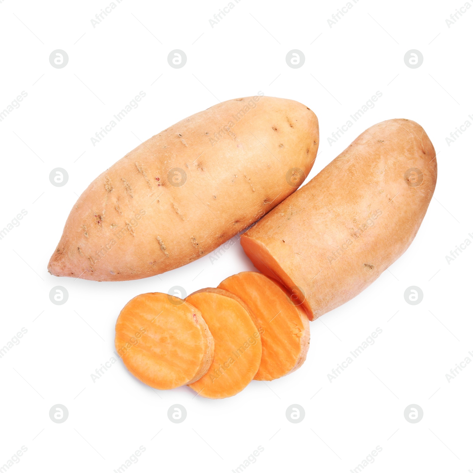 Photo of Fresh raw sweet potatoes isolated on white, top view
