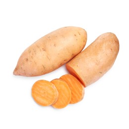 Photo of Fresh raw sweet potatoes isolated on white, top view