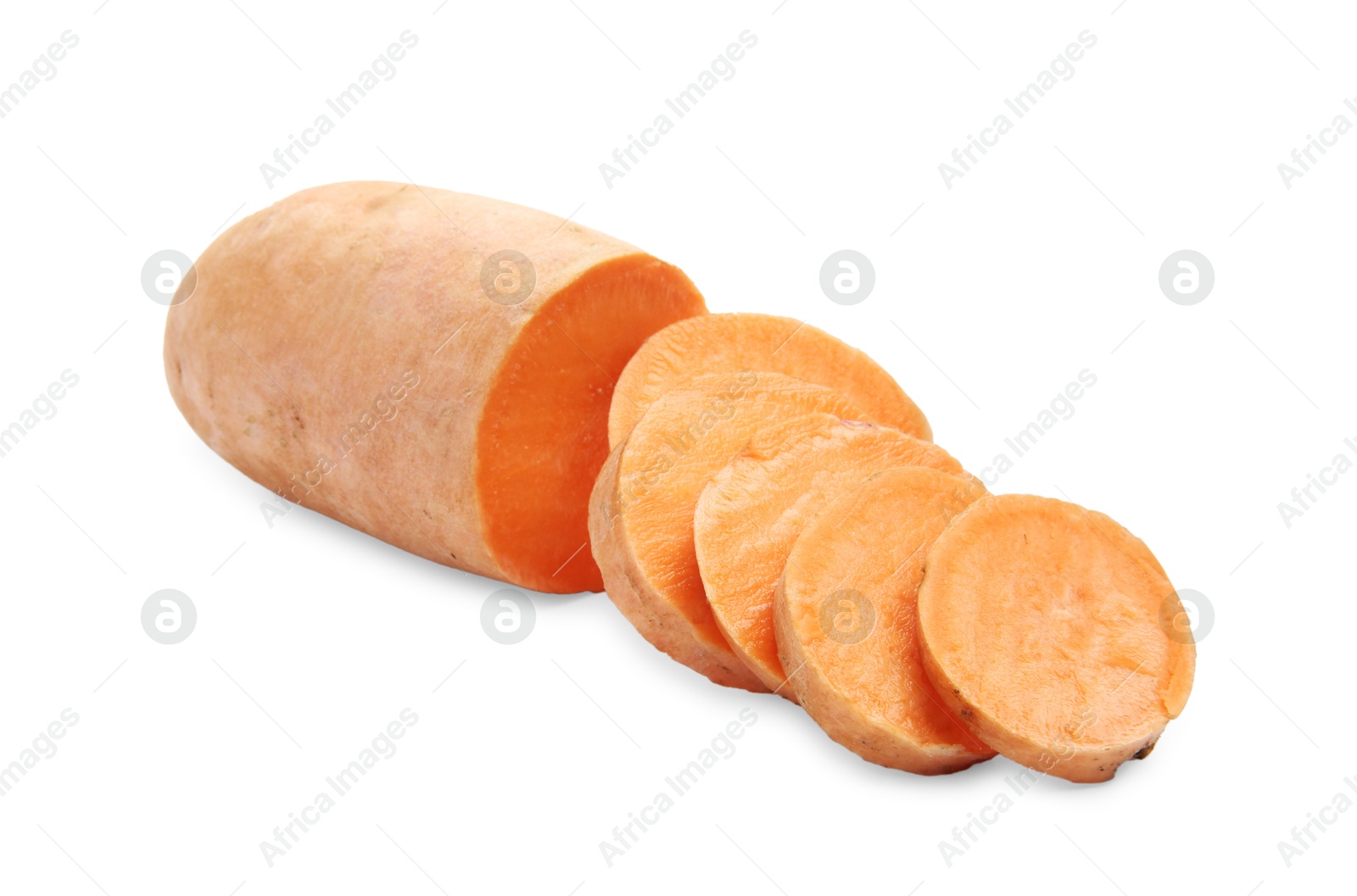 Photo of Cut raw sweet potato isolated on white