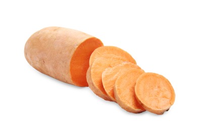 Photo of Cut raw sweet potato isolated on white