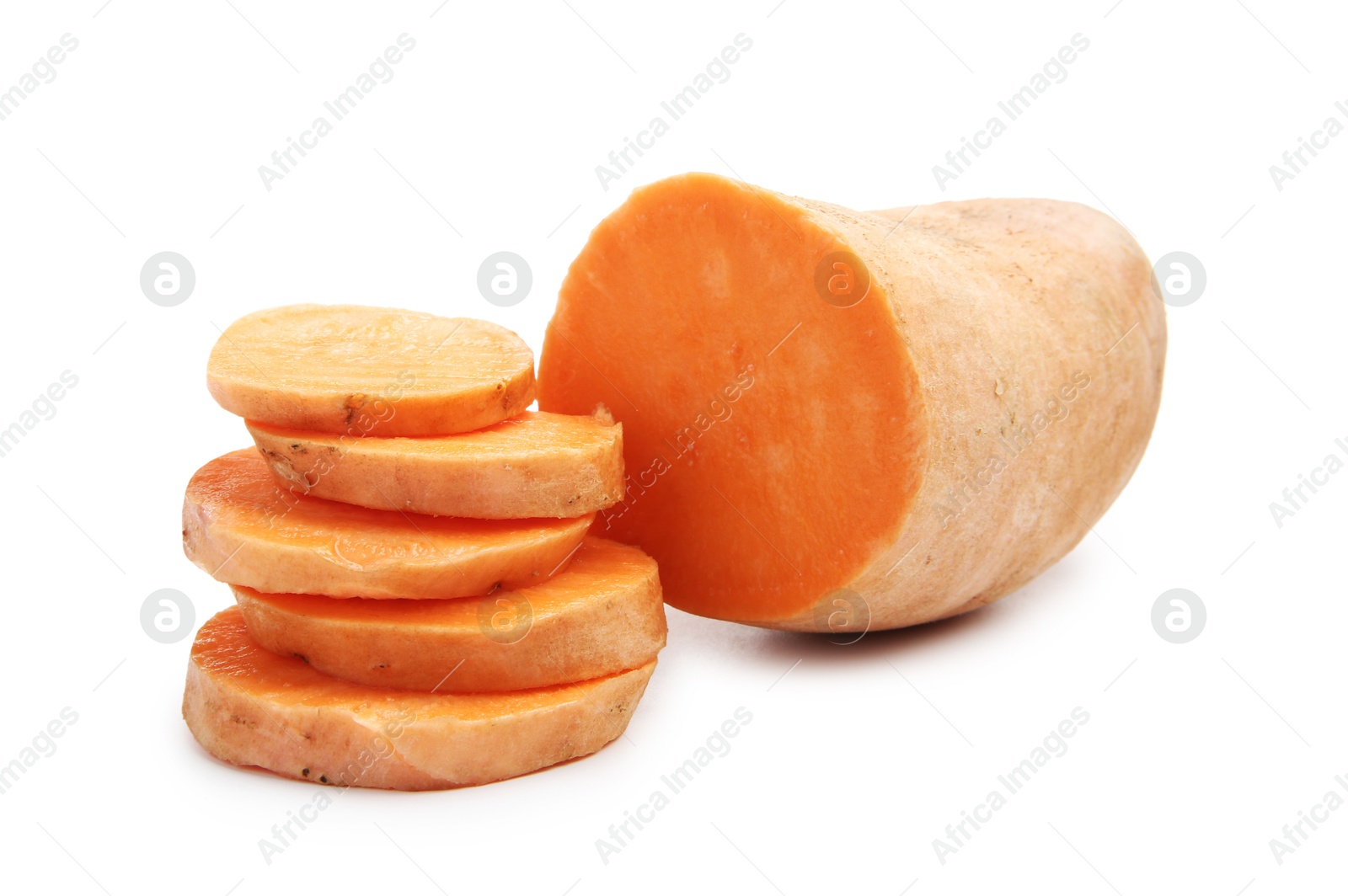 Photo of Cut raw sweet potato isolated on white