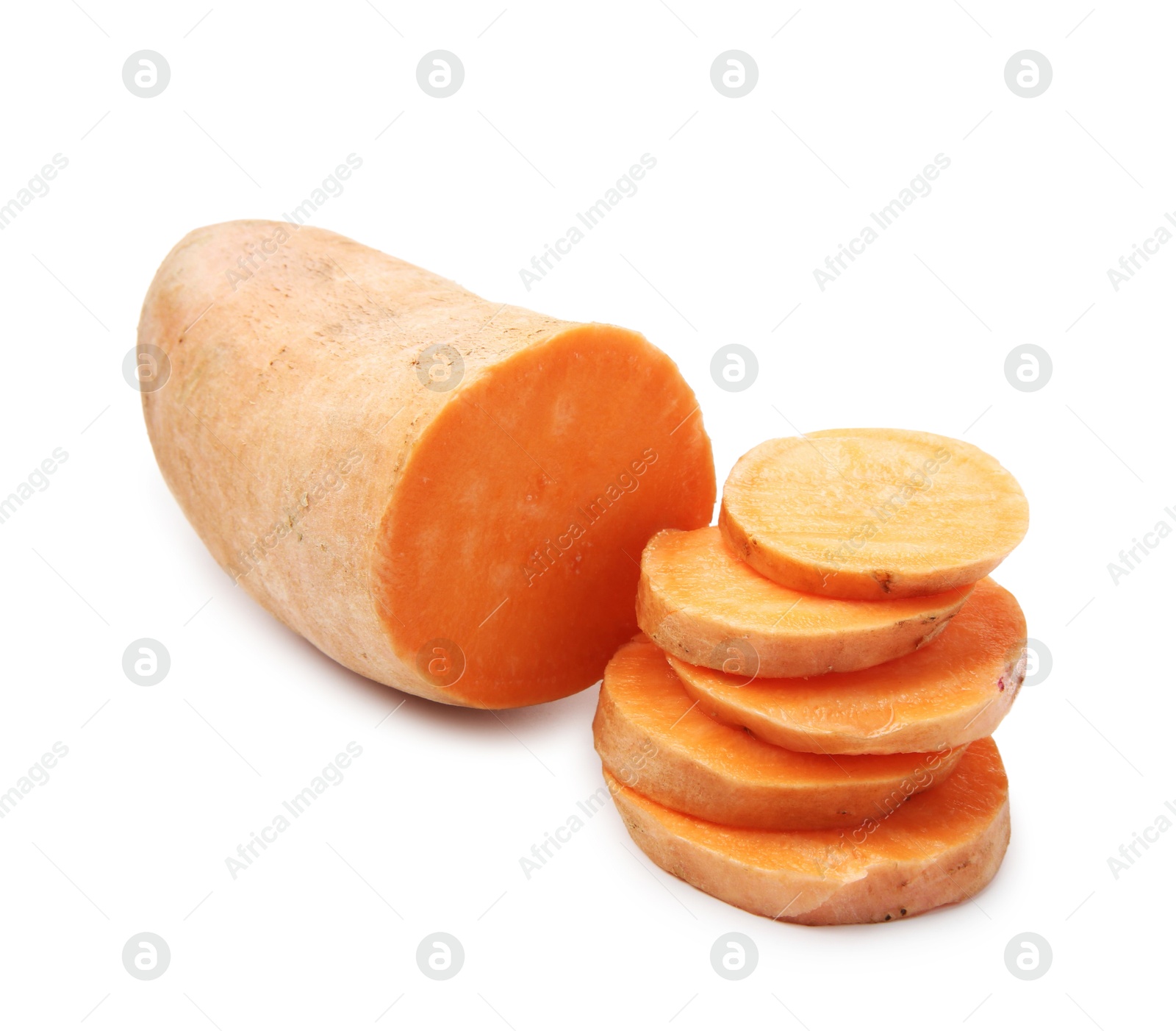 Photo of Cut raw sweet potato isolated on white