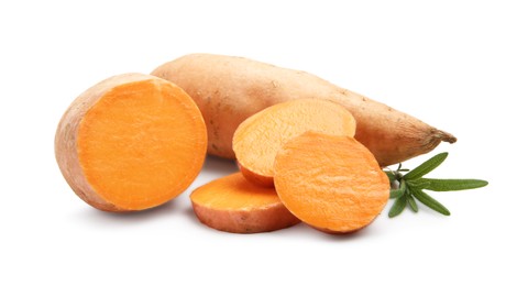 Photo of Fresh raw sweet potatoes and rosemary isolated on white