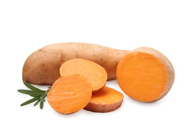 Fresh raw sweet potatoes and rosemary isolated on white