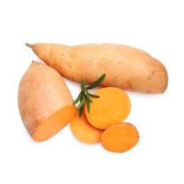 Photo of Fresh raw sweet potatoes and rosemary isolated on white, top view