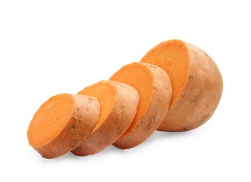 Photo of Cut raw sweet potato isolated on white