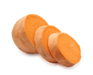 Photo of Cut raw sweet potato isolated on white