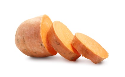 Photo of Cut raw sweet potato isolated on white