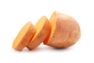 Photo of Cut raw sweet potato isolated on white