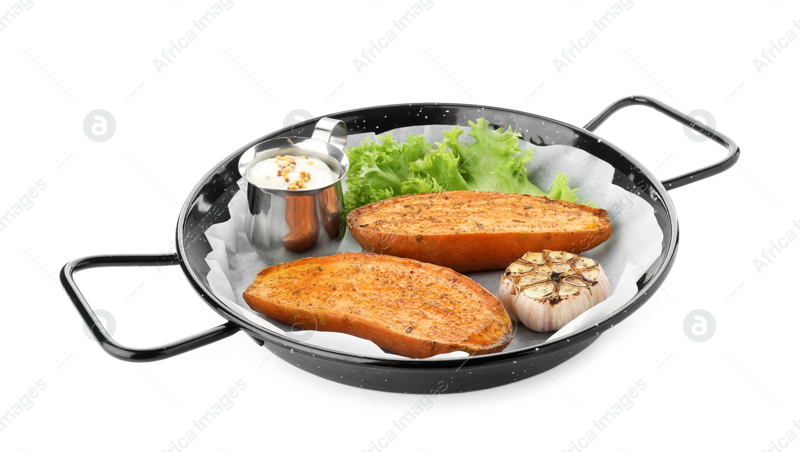 Photo of Tasty cooked sweet potato served in baking dish isolated on white