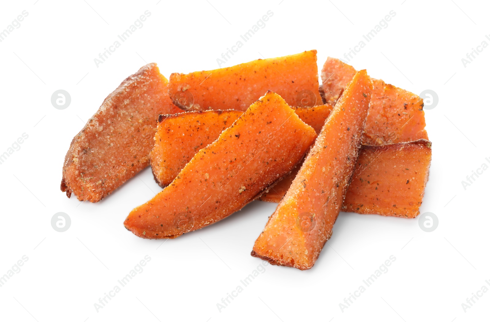 Photo of Pieces of tasty baked sweet potato isolated on white