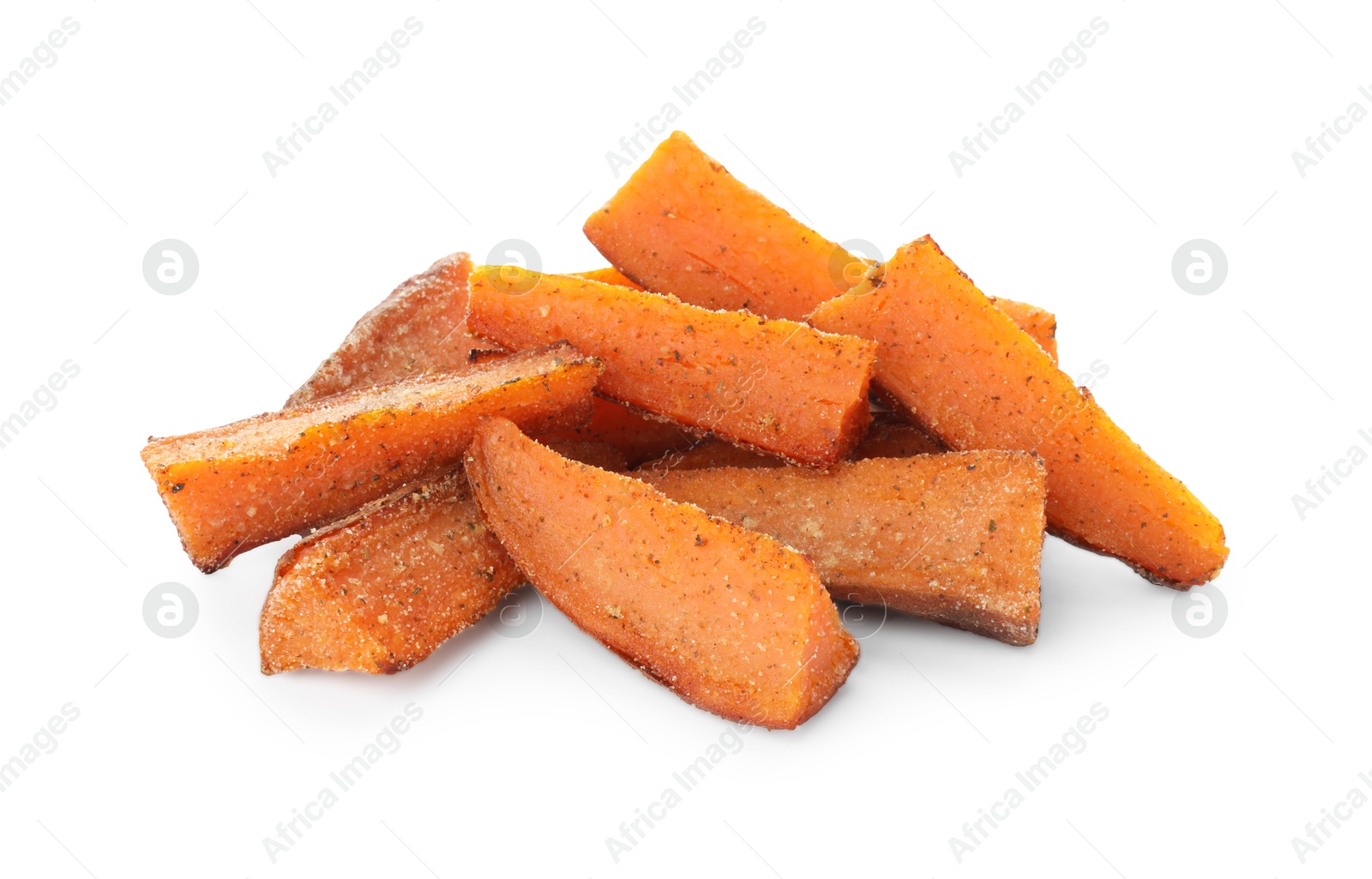 Photo of Pieces of tasty baked sweet potato isolated on white