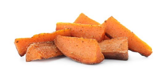 Photo of Pieces of tasty baked sweet potato isolated on white