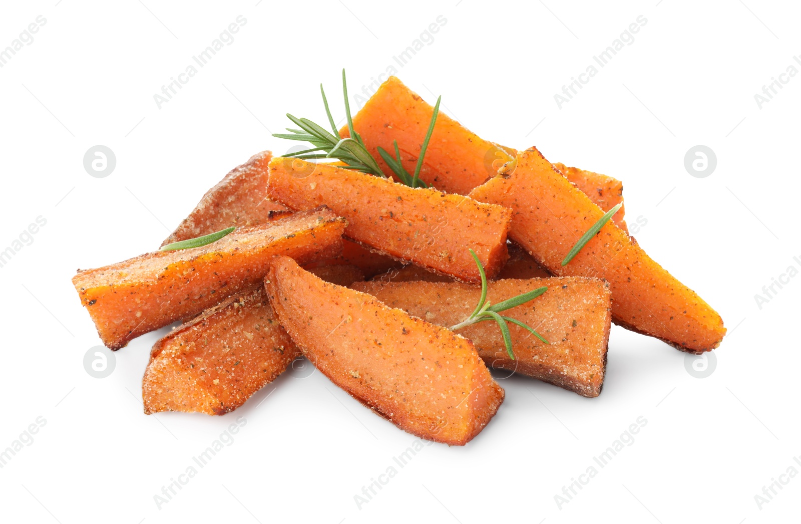 Photo of Pieces of tasty baked sweet potato with rosemary isolated on white