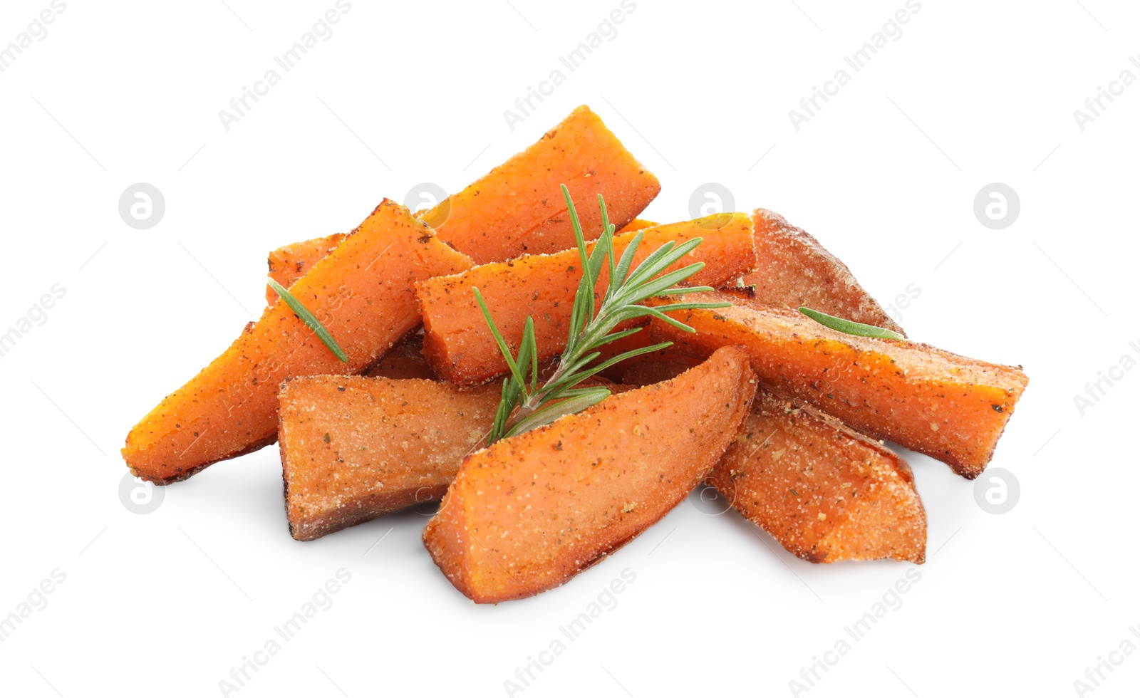 Photo of Pieces of tasty baked sweet potato with rosemary isolated on white