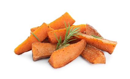 Photo of Pieces of tasty baked sweet potato with rosemary isolated on white