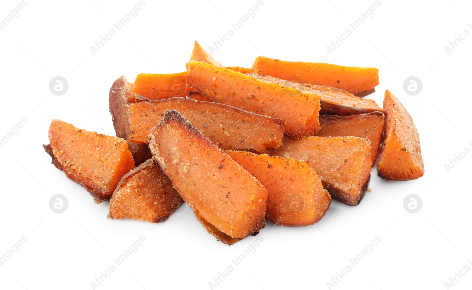 Photo of Pieces of tasty baked sweet potato isolated on white