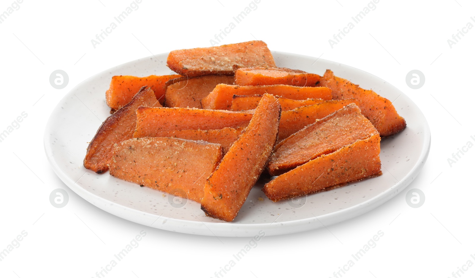 Photo of Pieces of tasty baked sweet potato isolated on white