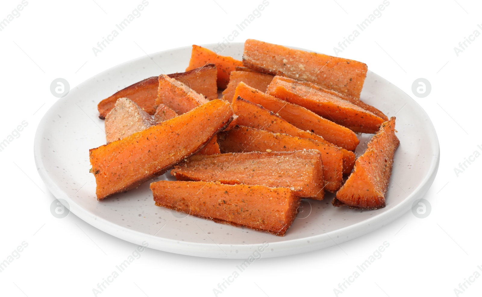 Photo of Pieces of tasty baked sweet potato isolated on white