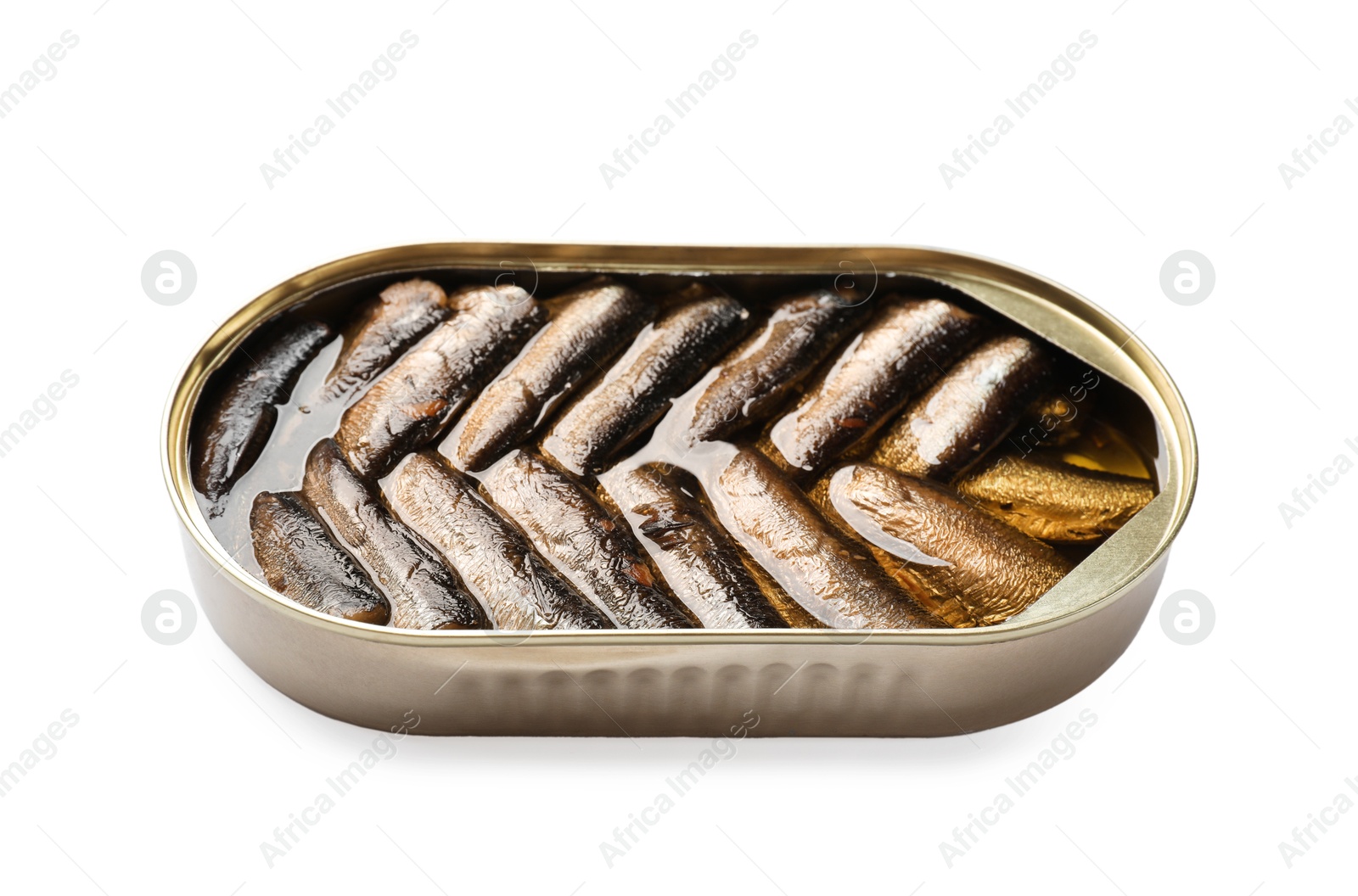 Photo of Tasty sprats in tin can isolated on white