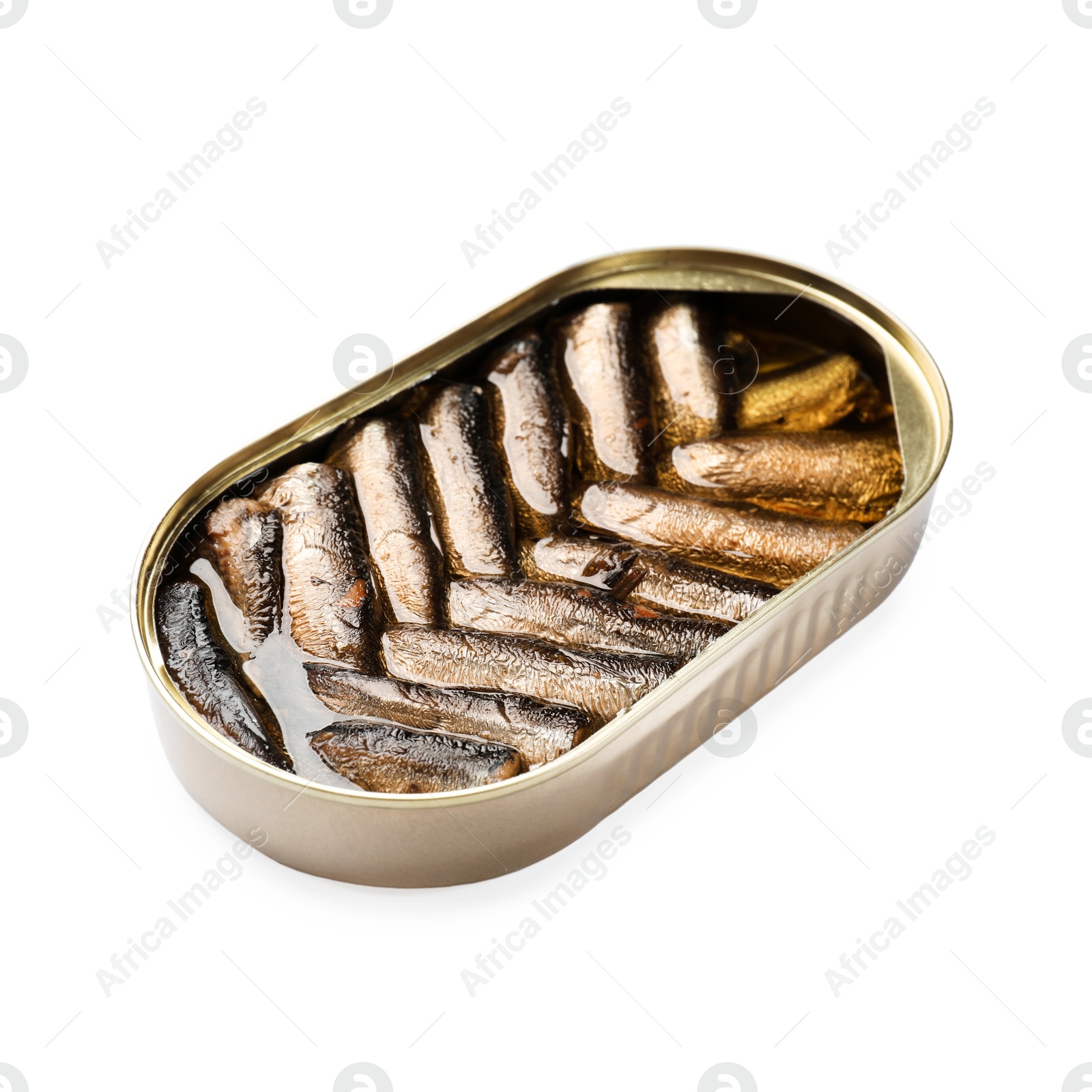 Photo of Tasty sprats in tin can isolated on white