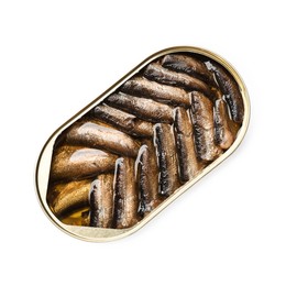 Photo of Tasty sprats in tin can isolated on white, top view