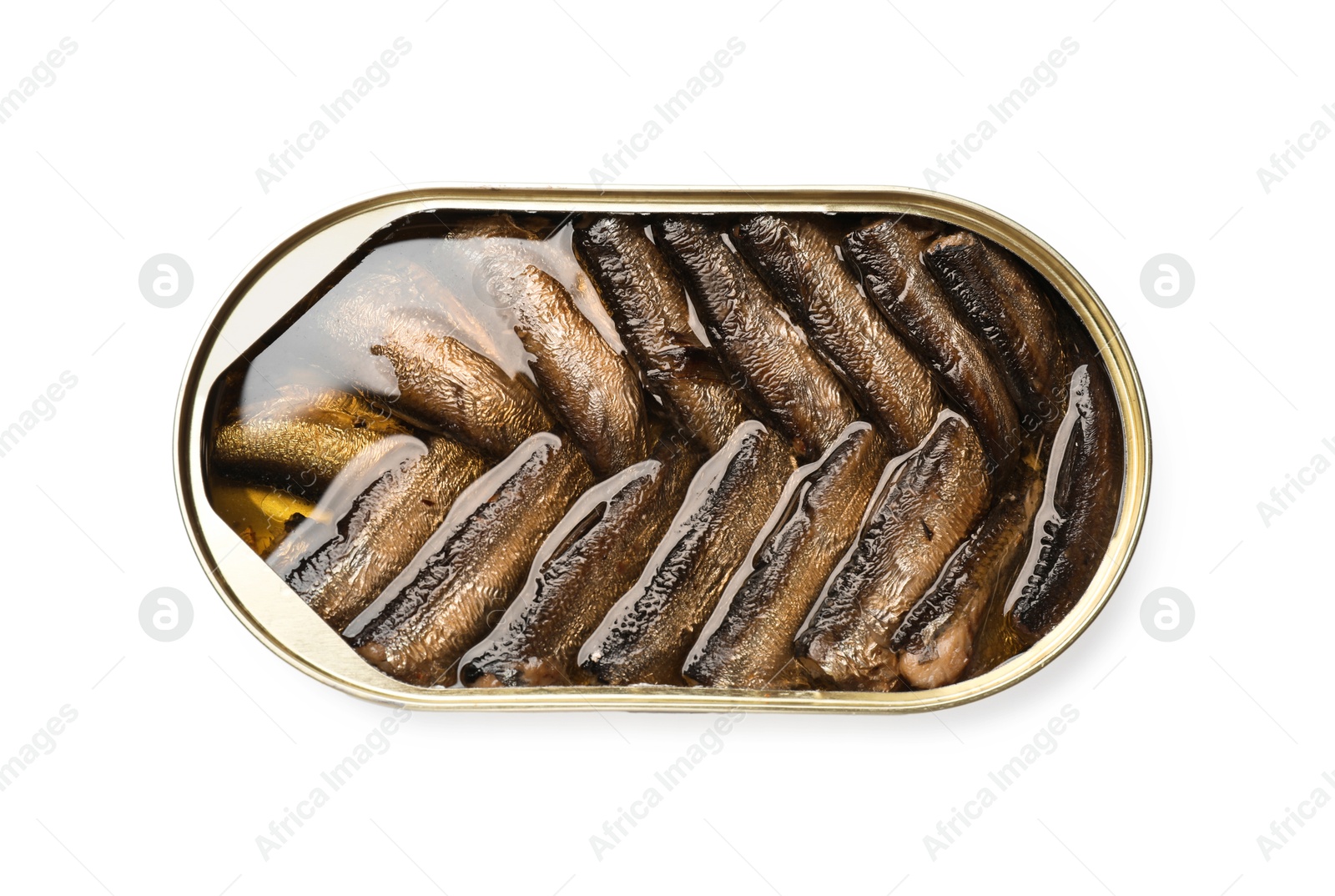 Photo of Tasty sprats in tin can isolated on white, top view