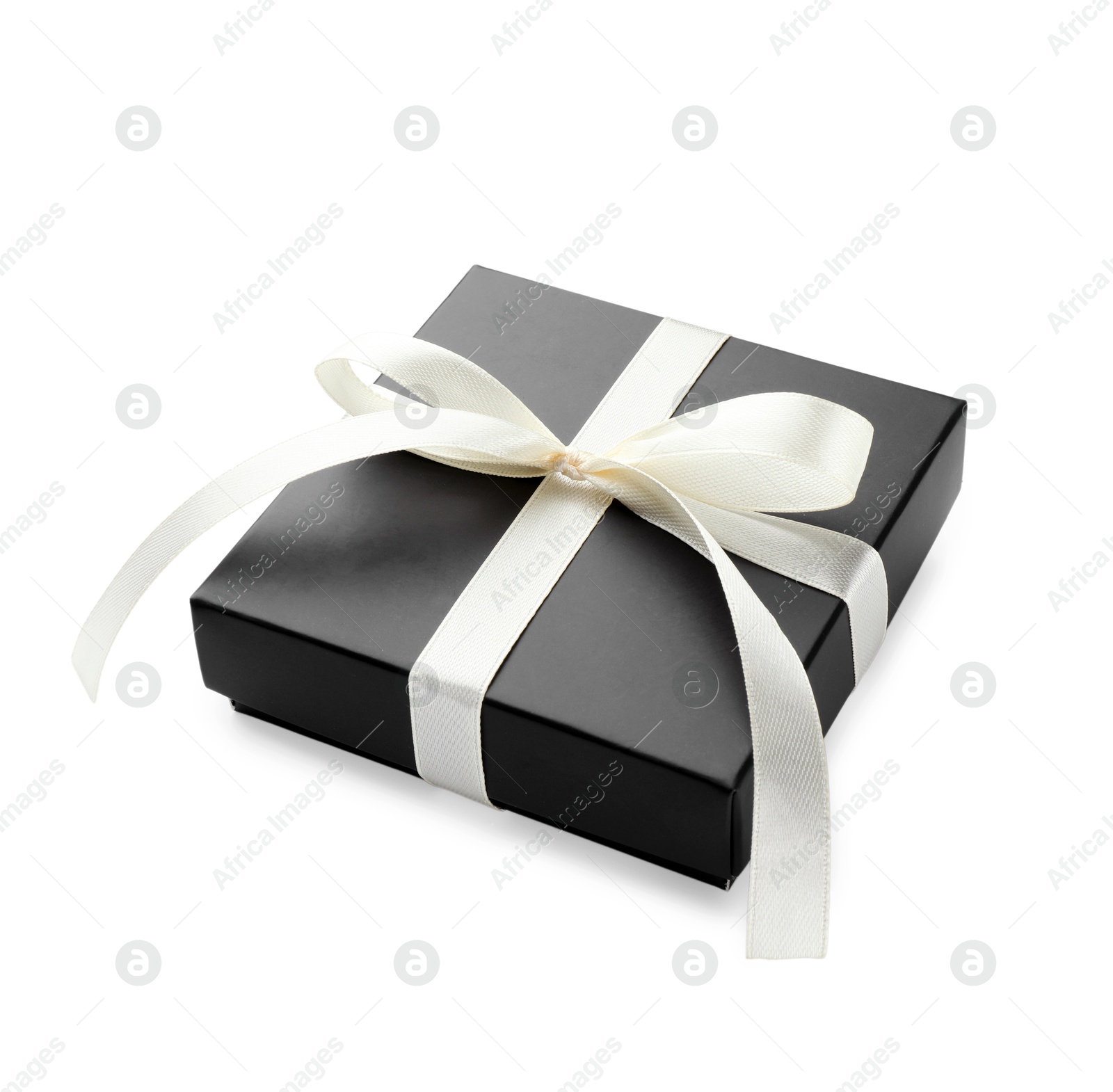 Photo of Beautiful black gift box with bow isolated on white