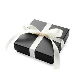 Photo of Beautiful black gift box with bow isolated on white