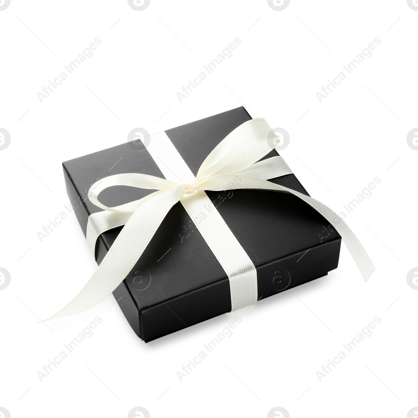 Photo of Beautiful black gift box with bow isolated on white